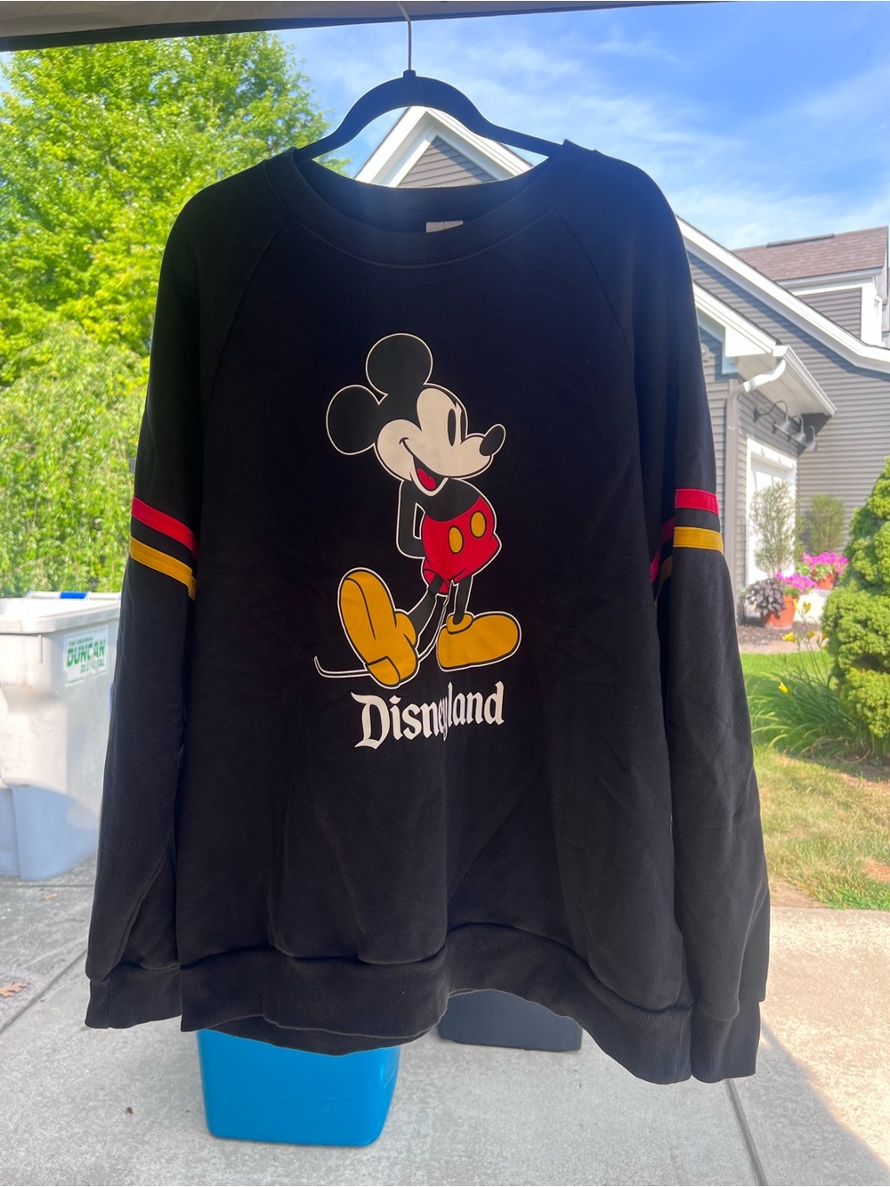 Disney Black Mickey Mouse Crewneck with Red and Yellow Sleeve Stripes